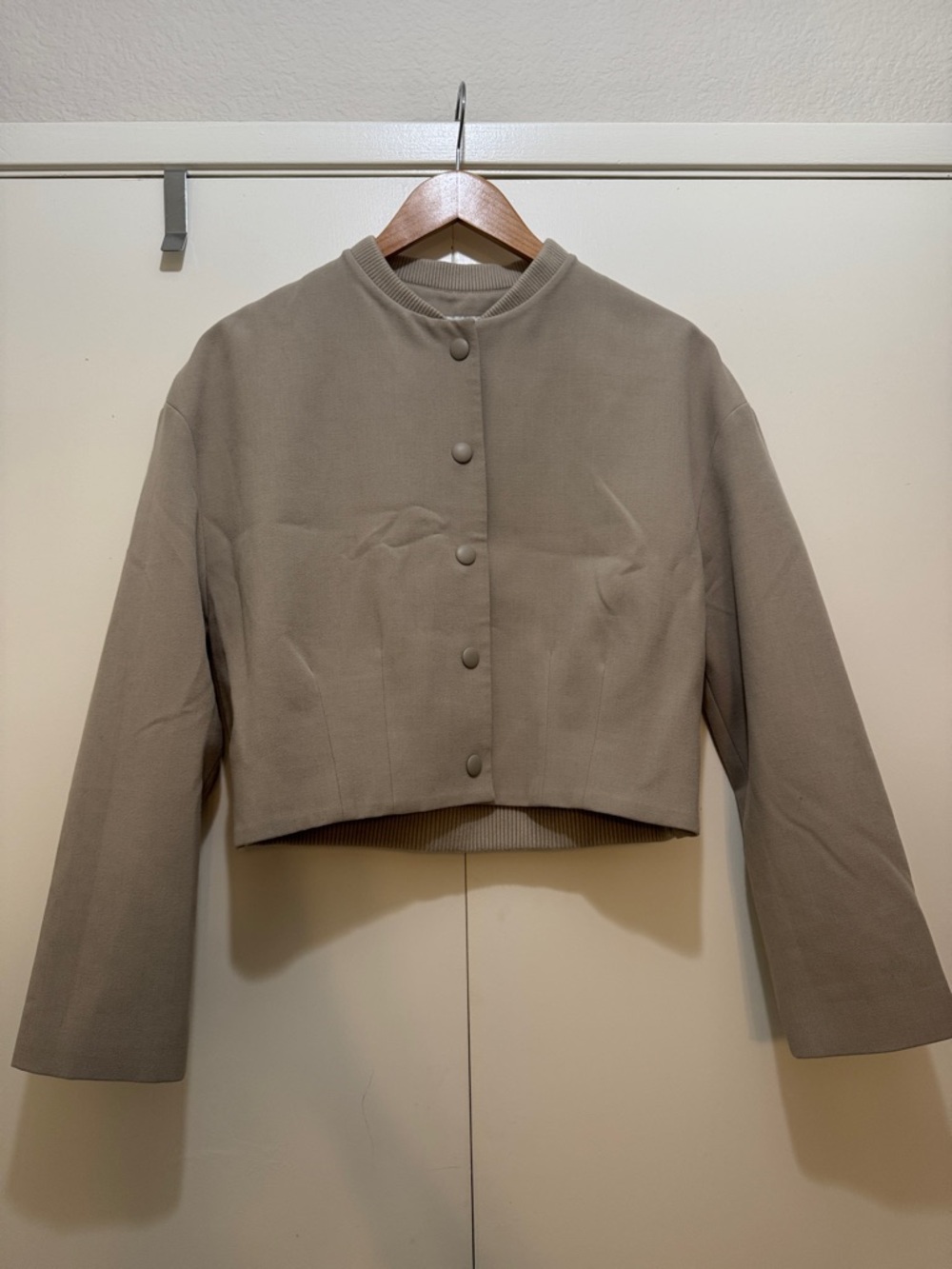 Zara Cropped Button-Front Jacket in Taupe